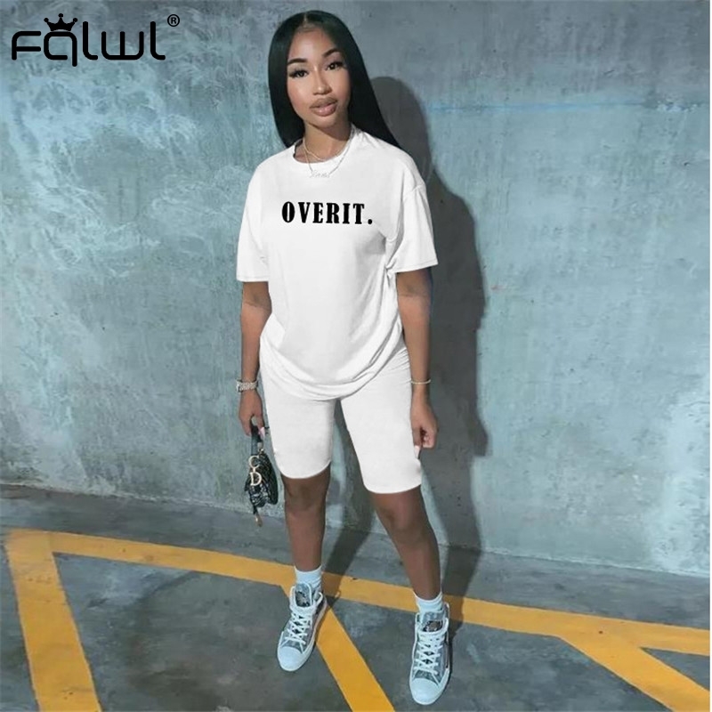 FQLWL Pink White Two 2 Piece Set Women Biker Shorts Set Summer Outfit Overit T Shirt Women Ladies Tracksuits Female Matching Set T200622