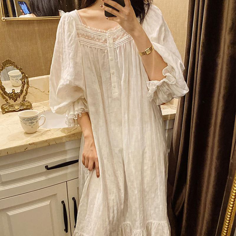 Women's Sleepwear Pure Cotton Vintage Nightgowns Women Spring Autumn Full Sleeves Long Night Dress Victorian Romantic Princess Home Wear