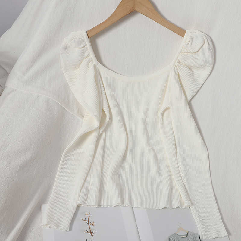 Korobov Preppy Style Sweet Women Puff Sleeve Sweaters Pullovers Chic Sueter Mujer Korean Elegant Square Collar Jumper 210918