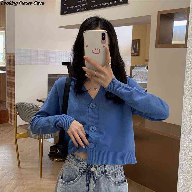 Knitted Crop Cardigan Women Korean Short Sweater Long sleeve V neck Cardigan Green Blueexpose Waist Women Clothing 211109