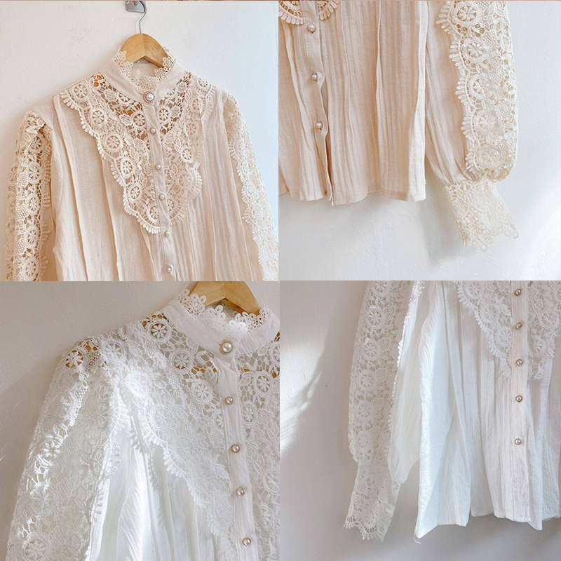 Loose Cotton White Lace Shirt Tops Hollow Crochet Floral Casual Blouse New Vintage Long Sleeve Women Shirts Blouses Blusas 12928 210225
