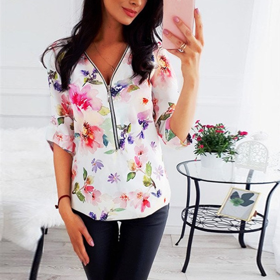 FLEUR WOOD Women Tshirts Summer Autumn Shirt Casual Zipper Slim TShirt Women Printed Top Tee Summer Female T-shirt Women Clothes 210306