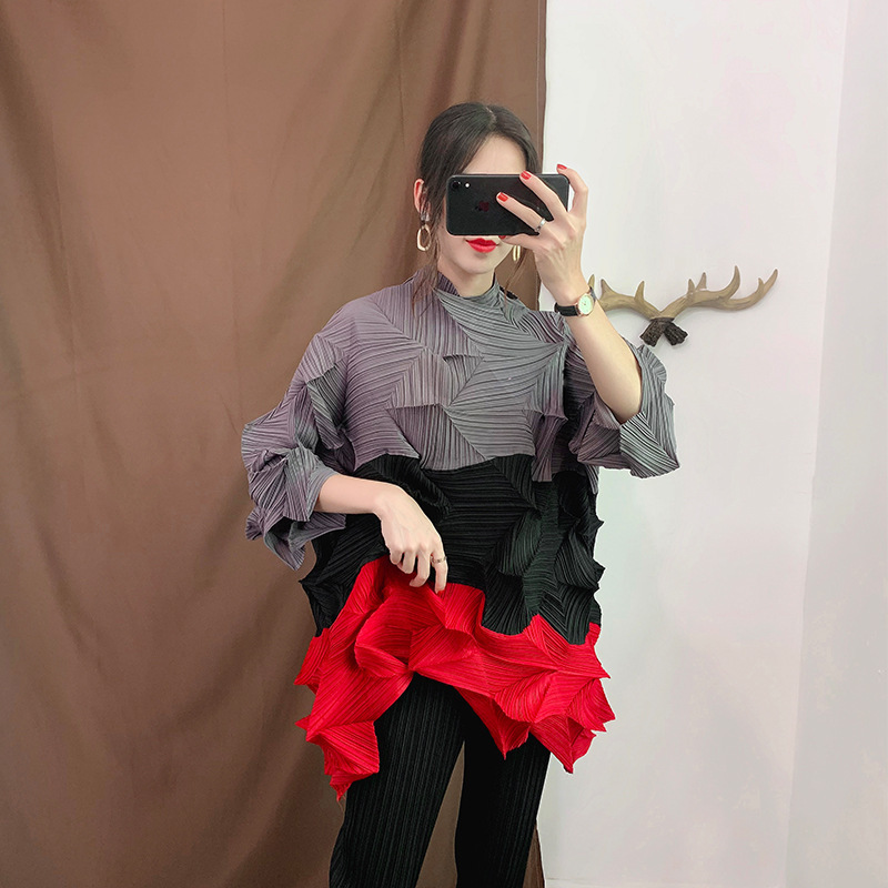 LANMREM Green Contrast Stand Collar Cropped Sleeve Pleated Plus Woman Long T-Shirt Casual Simple Fashion autumn New TV723 210306