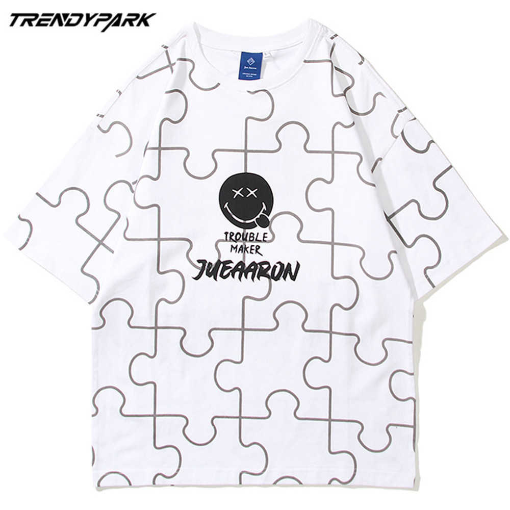 Men's T-shirt Summer Short Sleeve Puzzle Pattern Tee Hip Hop Oversized Cotton Casual Harajuku Streetwear Top Tshirts 210601