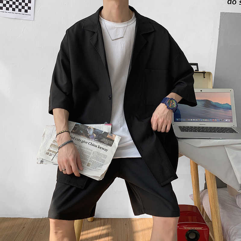 Men's Set Suit Summer Korean Style Casual Short Sleeve Jacket + Shorts Male Trendy Loose Knee-Length Solid Suit Oversize 210603