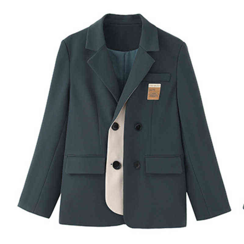 [EWQ] Autumn Female Office Lady Notched Collar Long-sleeved Single Breasted Patchwork Green Minimalist Blazer Coat 8P088 211122