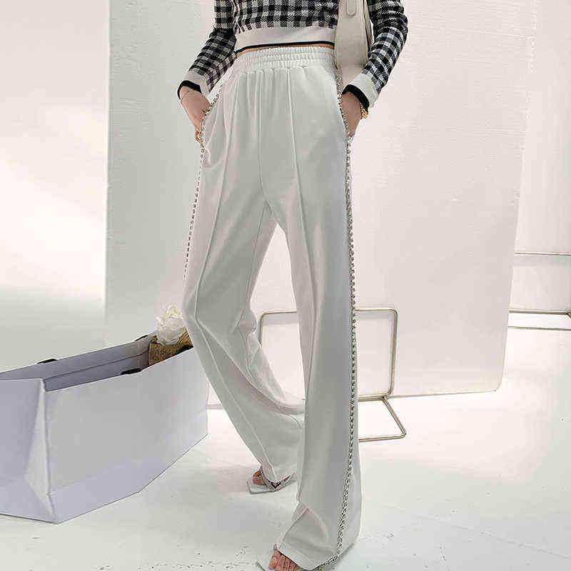 TWOTYLE White Casual Diamonds Pant For Women High Waist Solid Elastic Minimalist Pants Females Fashion Summer Clothing 211124