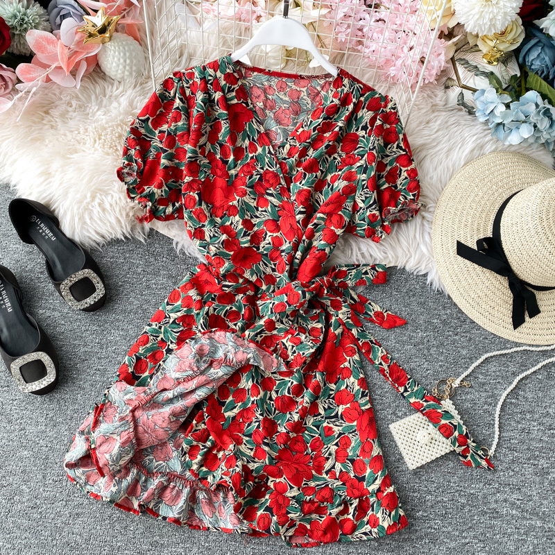 Women Lace Up Floral Polka Dot Summer Dress Sexy V Neck Wrap Dress Slim Waist Elegant Boho Ruffles Beach Short Dress Vestido 210303