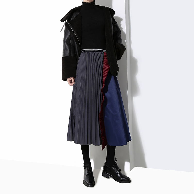 Korean Style Woman Multicolor Patchwork Pleated Skirt ALine Ruffles Patchwork High Waist Girls Casual Party Midi Skirt 4144 210306