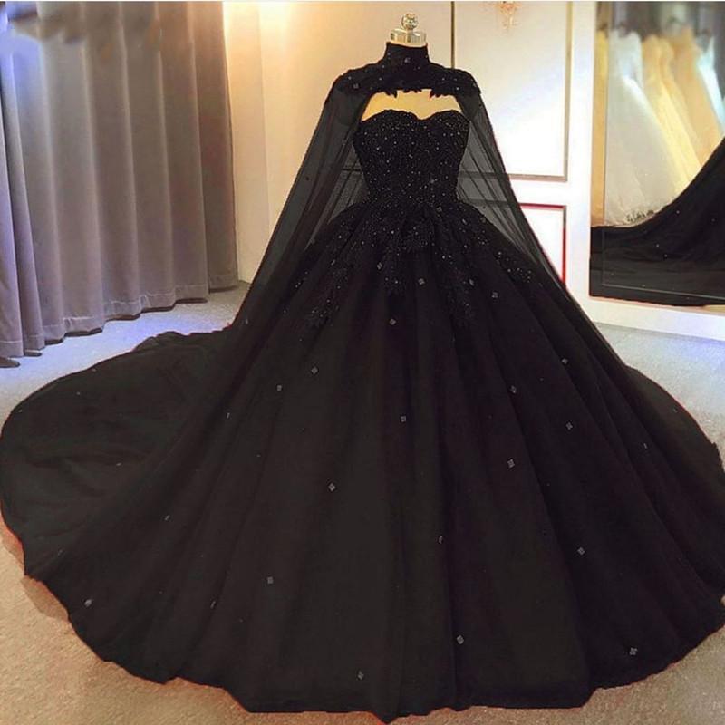 Black Ball Gown Gothic Wedding Dresses With Cape Sweetheart Beaded Tulle Princess Bridal Gowns Non White Plus Size Corset Back Marriage
