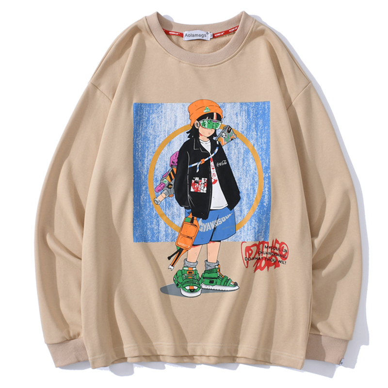 Aolamegs Men Sweatshirt High Street Cool Girl Printed O-Neck Long Sleeve Streetwear Autumn Casual Fashion College Style Pullover 201020