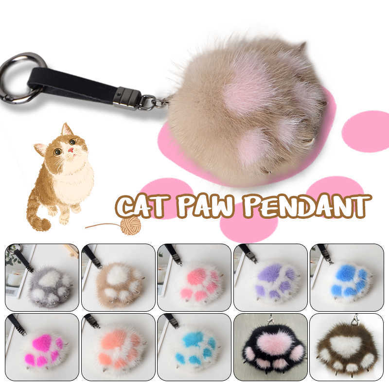 Women Creative Real Mink Fur Cat Paw Keychain Cute Bag Charm Ornaments Soft Pompom Plush Cute Bear Claw Key Ring Car Key Pendant H