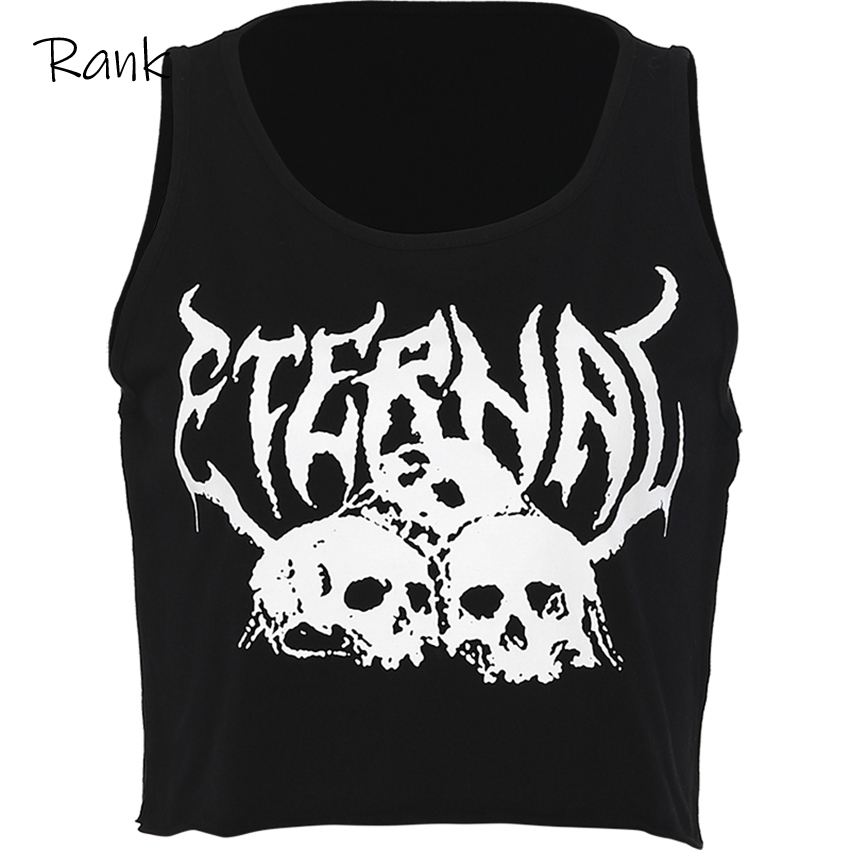 Gothic Black Skull Print knitted Ruffle Chic Tank Tops Off Shoulder Casual Crop Top Summer women Grunge Female Streetwear 210308