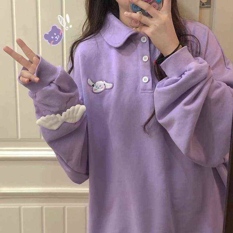 QWEEK Kawaii Hoodies for Girls Anime Polo Sweatshirt Women Long Sleeve Pink Pullovers Harajuku Sportswear Kpop Soft Cute Tops 211108