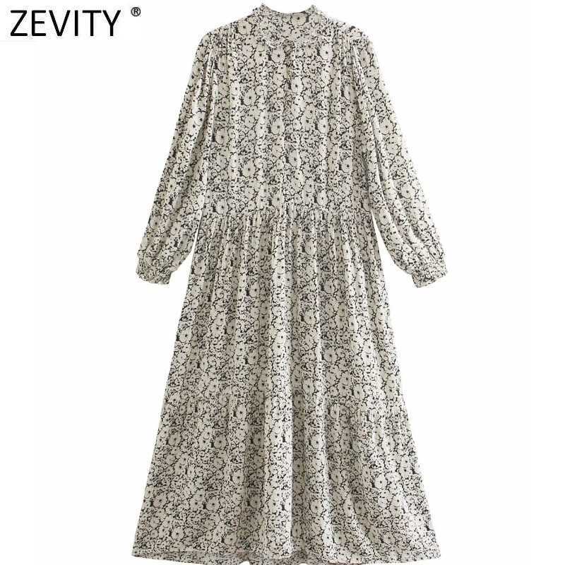 

Zevity Women Vintage Ruffled Collar Ink Floral Print Casual Loose Midi Dress Femme Chic Long Sleeve Pleats A Line Vestido DS8181 210603, As pic ds8181ww