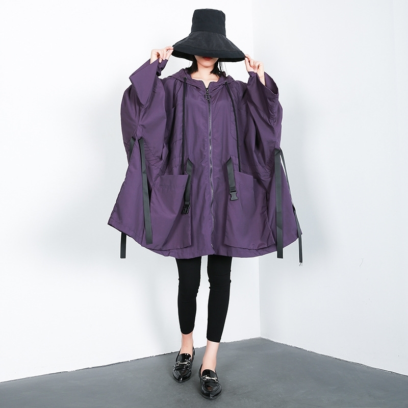 Spring Casual Women Trench Coat Pure-color Hooded Windbreaker Large-size Bat Pockets Tassel Zippers 210615, Purple
Spring Casual Women Trench Coat Pure-color Hooded Windbreaker Large-size Bat Pockets Tassel Zippers 210615, Purple