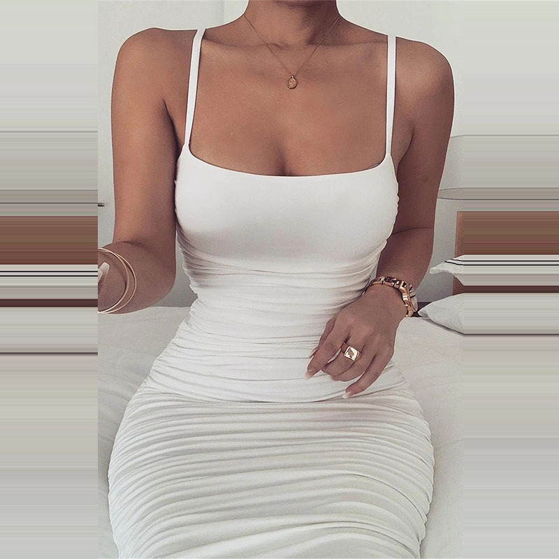Nadafair Spaghetti Strap Tight Bodycon Dress Ruched Sexy Midi Dress Summer White Tube Party Dresses Women Club Two Layers Y0118
