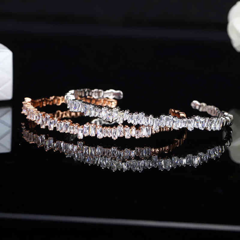 Cwwzircons Fashion Rose Gold Color Baguette Cubic Zirconia Cuff Bracelet Bangle and Ring Sets Best Friend Jewelry Gift T170