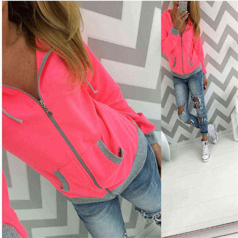 Women's Spring Winter Hoodies Long Sleeve Patchwork Colors Sweatshirts Casual Pockets Zipper Hooded Ladies Outerwear Clothing 211108