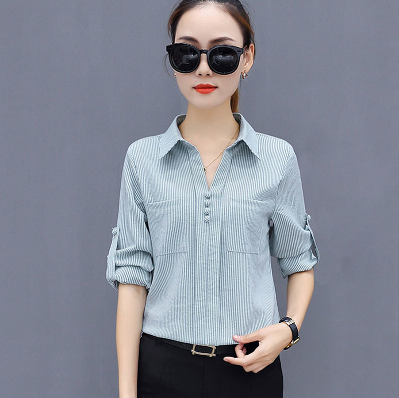 Office Work Wear OL Women Spring Summer Style Chiffon Blouses Shirts Lady Casual Long Sleeve Striped Blusas Tops DF1884 210225