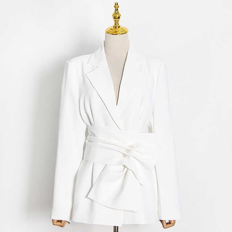 TWOTYLE White Minimalist Blazer For Women Notched Long Sleeve Sashes Elegant Blazers Female Fashion Clothing 210930