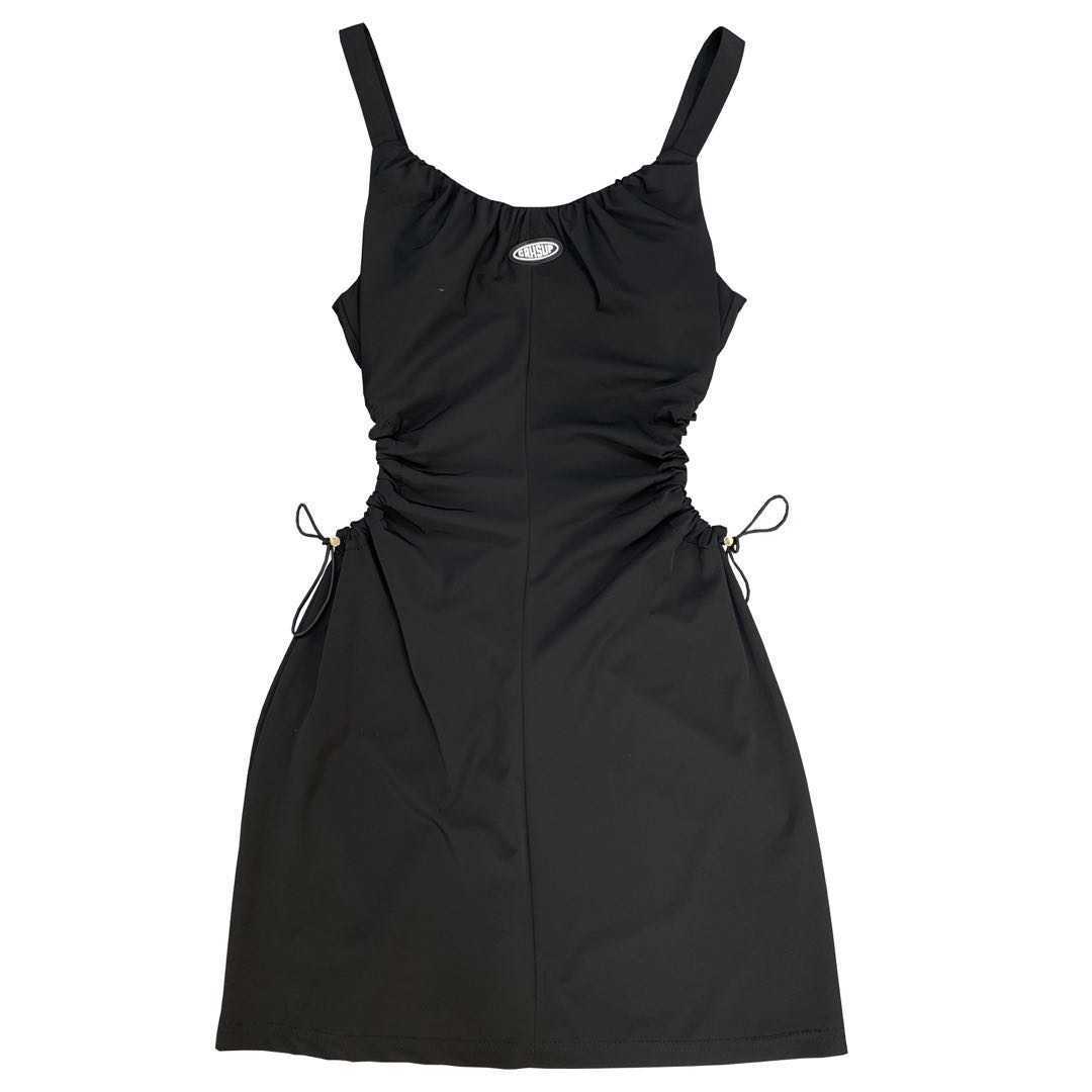 DEAT Spring Summer Fashion Casual U-neck Waist Hollow Drawcord Waist Sleeveless Dress Women SK176 210709