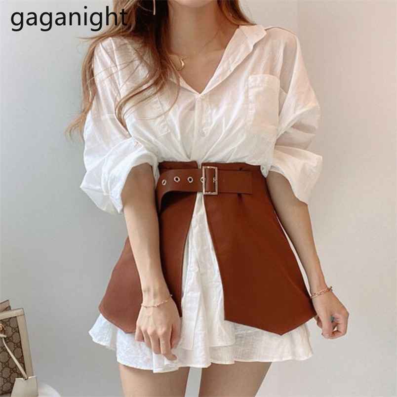 Loose White Shirts for Women Turn-down Collar Solid Female Tops Corset Waist Long Sleeve Elegant Spring Blouses 210601