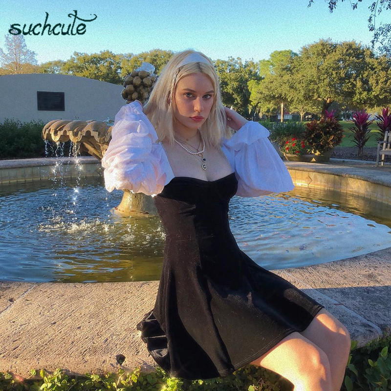 SUCHCUTE Patchwork Dress For Women Modis Autumn Harajuku Ladies Sukienki Female Dresses Roupas Feminina Woman Party Night 210309