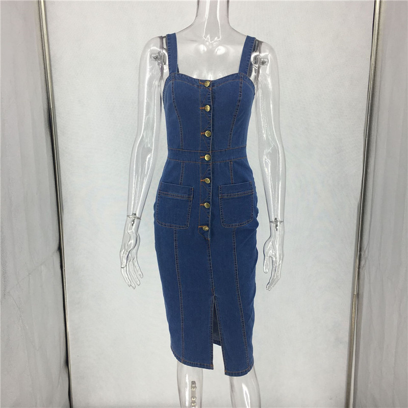 Sexy Casual Denim Dress Midi Summer Outfits For Women Sundress Sleeveless Strap Button Pocket Jeans Dress Bodycon Ladies Dresses 210302