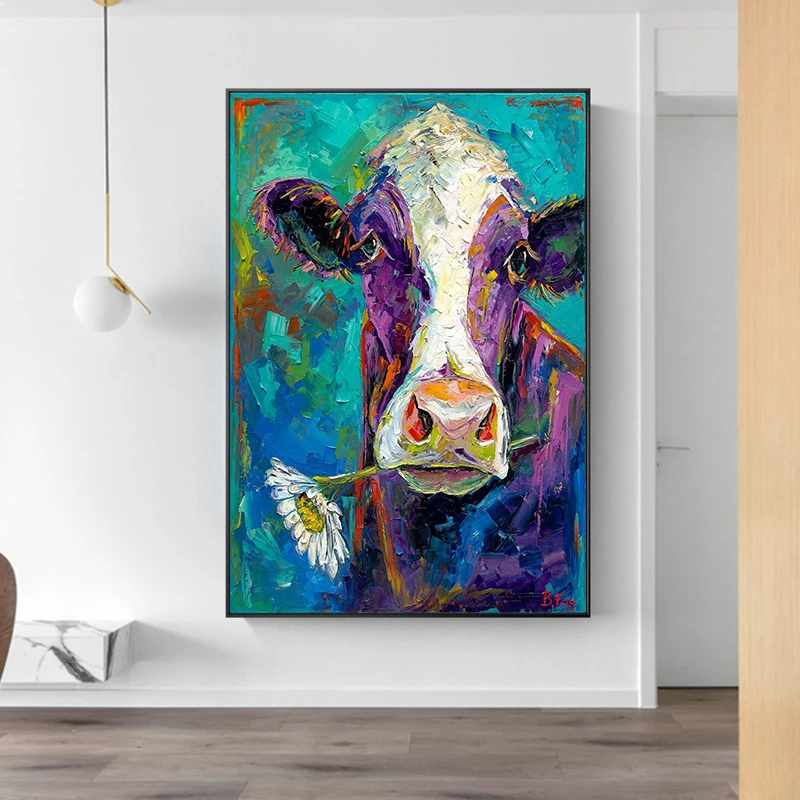 Oil Painting Printed on Canvas Prints Cow Flower Poster Wall Art Pictures For Living Room Modern Home Decor Indoor Decoration