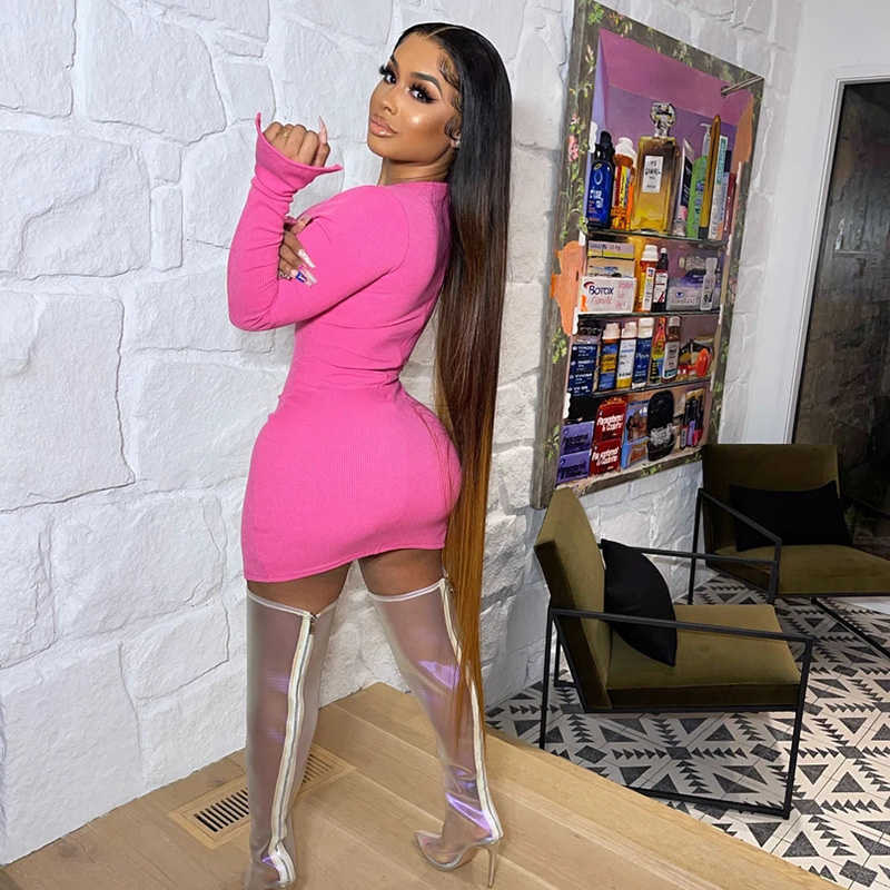 DEAT Women Spring Autumn Arrivals Solid Color Long Sleve Round Collar Sexy Fashion Drawstring Dress MZ868 210709