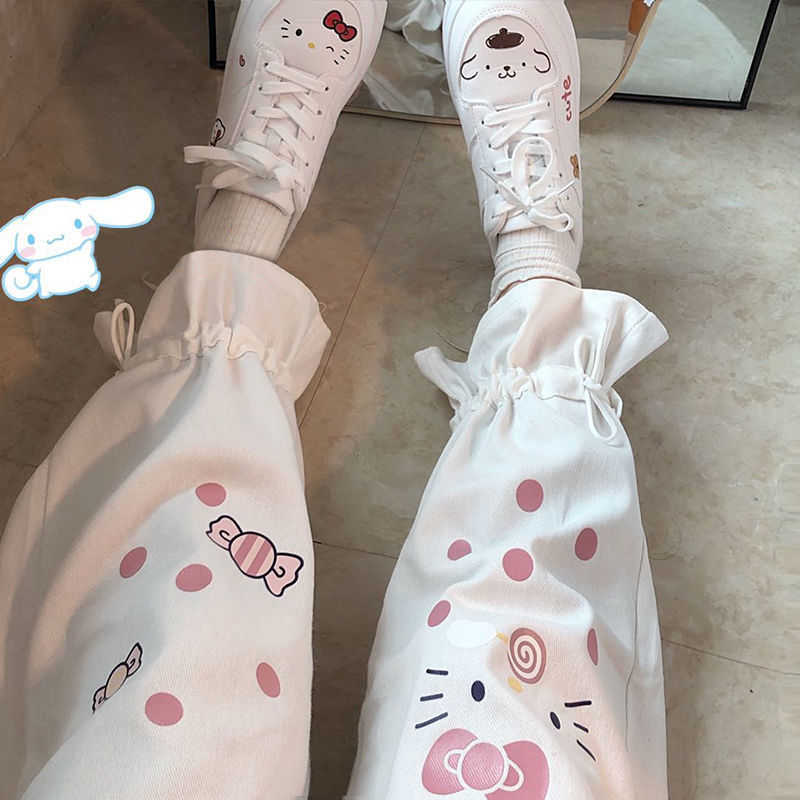 QWEEK Kawaii Cartoon Print White Wide Leg Pants Women Korean Fashion Cute Oversize Loose Trousers for Female Soft Girl Pink 211115