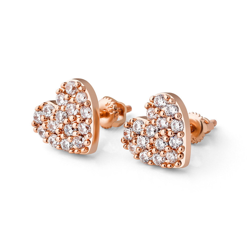 Hip Hop Heart Shape Stud Earring Bling 18K Real Gold Plated 925 Sterling Silver Prevent Allergy Earrings for Women Gift