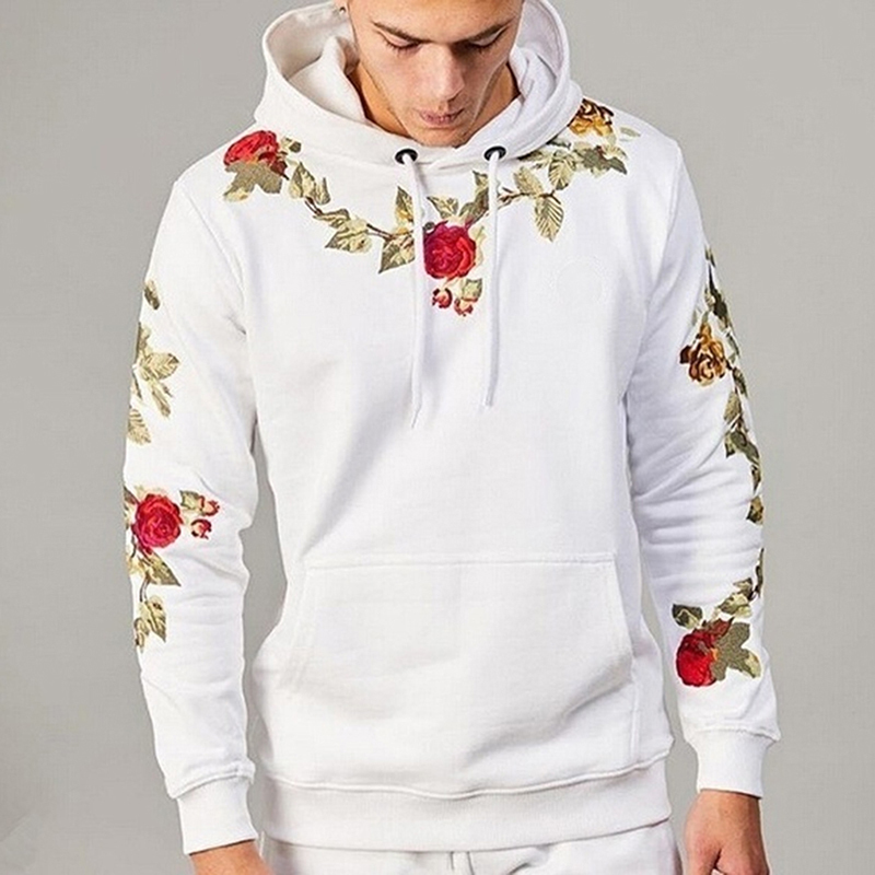 Mens Hoodies Harajuku Flowers Embroidered Hoodie Hooded Sweatshirt Pullover Men Streetwear Sportswear Men Hoodies Sweatshirts 201104