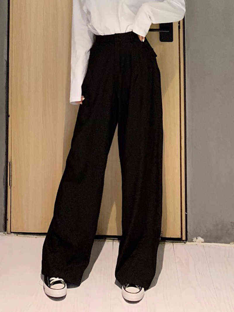 Retro Solid Color Wild Straight Wide Leg Pants Female Spring Korean Fashion High Waist Casual Long 211115
