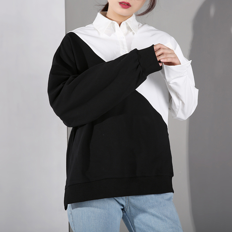 EAM Loose Fit Black Contrast Color Irregular Sweatshirt Lapel Long Sleeve Women Big Size Fashion Spring JC319 201126