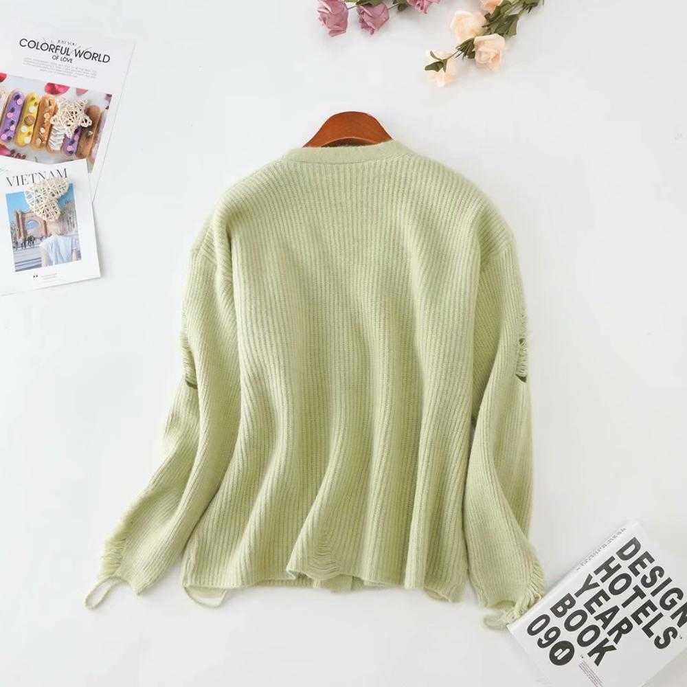 H.SA Fall Fashion Sweater and Cardigans V neck Broken Hole Chic Kitting Jumpers Yellow Cute Cardigan Sweater mujer 210716