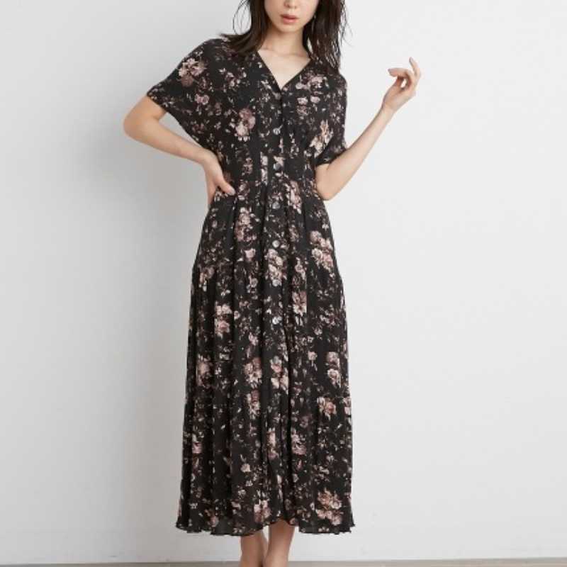 Sweet Japan Style Kawaii Summer Elegant V Neck Print Woman Dress Slim Waist Short Sleeve Office Ladies Loose Dresses 210525