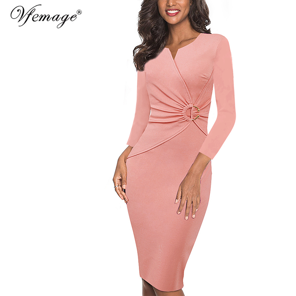 Vfemage Women Spring Summer Elegant Ruched Embellished Waist Work Office Business Cocktail Party Bodycon Pencil Sheath Dress 007 210309
