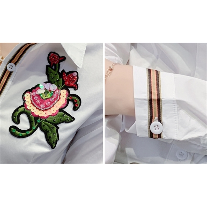 New Summer Korean Clothes Embroidery Flower Blouse Womon Beading Diamonds Woven Nylon Shirt Women Long Sleeve Tops T02503 210225