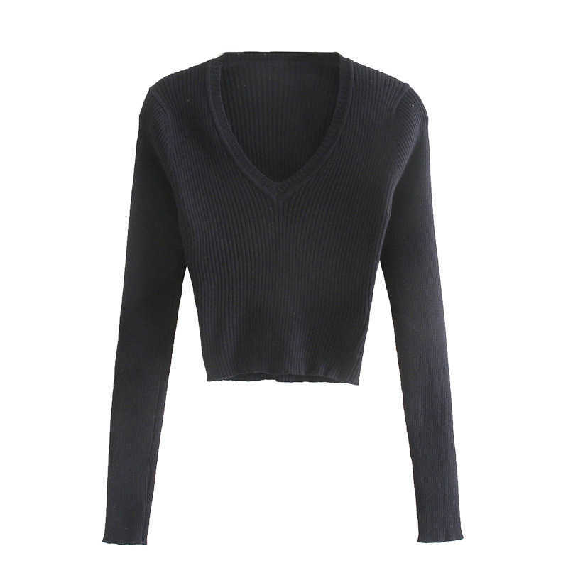 Summer sweater women long sleeve crop sweater vintage v neck pullover korean green sweater knit solid pullover autumn 210918