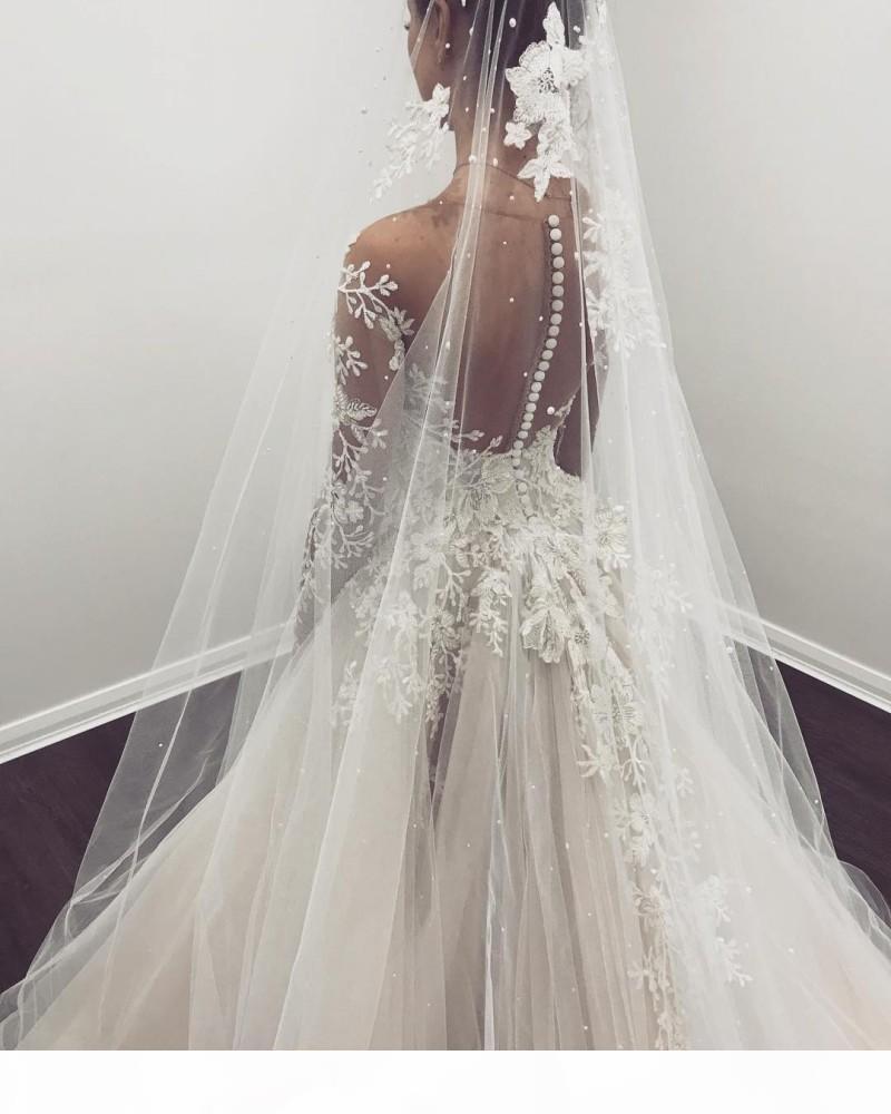 Sleeves Dresses Long Gorgeous with 3D ral Applique 2021 Illusion Covered Buttons Back Custom Made Wedding Gown Vestido De Novia