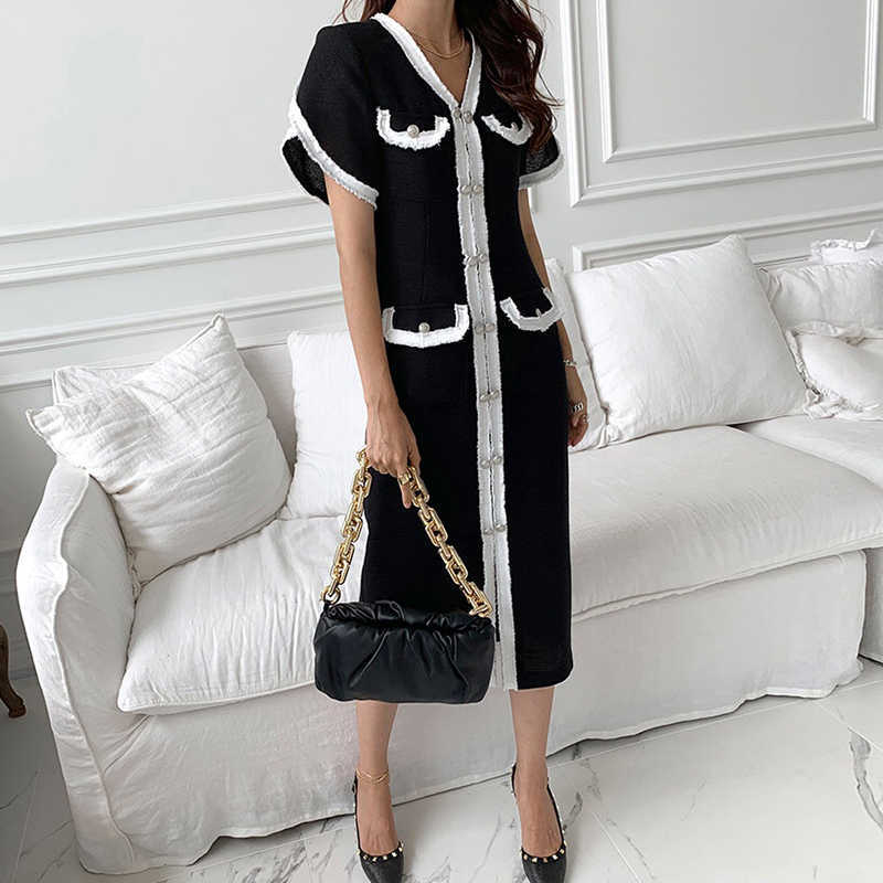 Korejpaa Women Dress Summer French Temperament Fringed Edge Stitching V-Neck Double-Breasted Slimming Short-Sleeved Vestido 210526