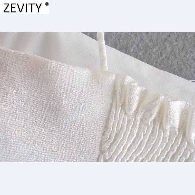 Zevity Women Spaghetti Strap Black White Color Chic Camis Tank Ladies Summer Back Elastic Pleated Short Sling Crop Tops LS9070 210625
