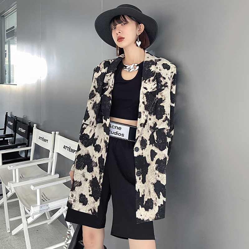 [EAM] Women Pattern Printed Big Size Thin Blazer Lapel Long Sleeve Loose Fit Jacket Fashion Spring Summer 1DE1526 210930