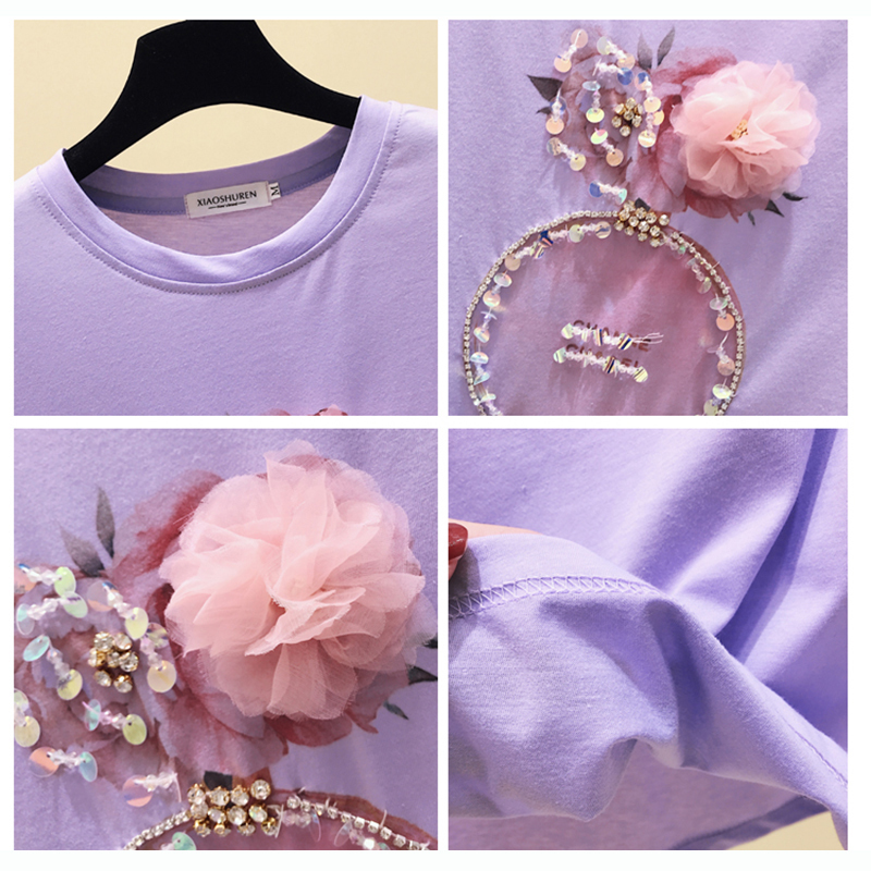 Summer Pink T shirt Women Tops Kawaii White Tshirt Women Korean Clothes Short Sleeve Casual Purple Sequins Diamond Tee shirt T200614