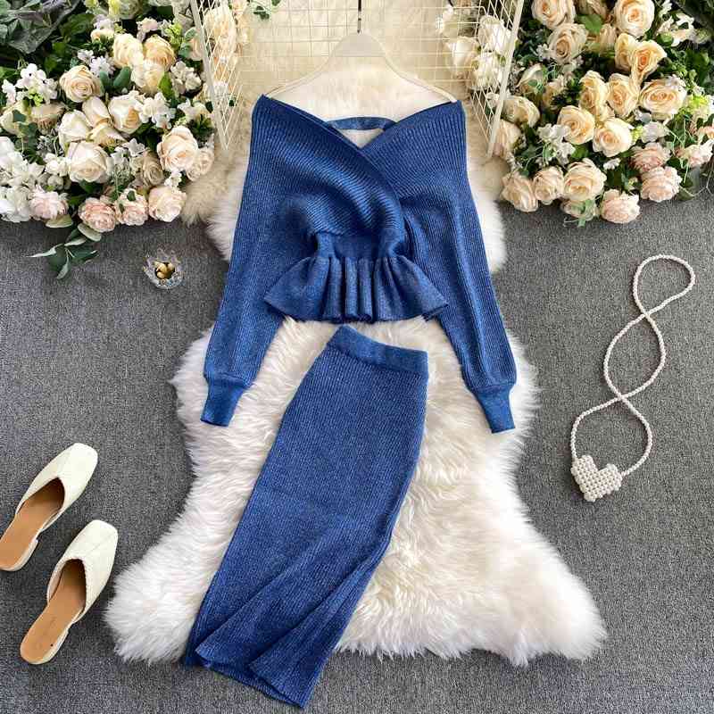 SINGRAIN Autumn Women Shiny Knitting Skirts Sets Lurex Ruffles Long Sleeves Wool Warm Sweater knitted Two Pieces Set Women 210708