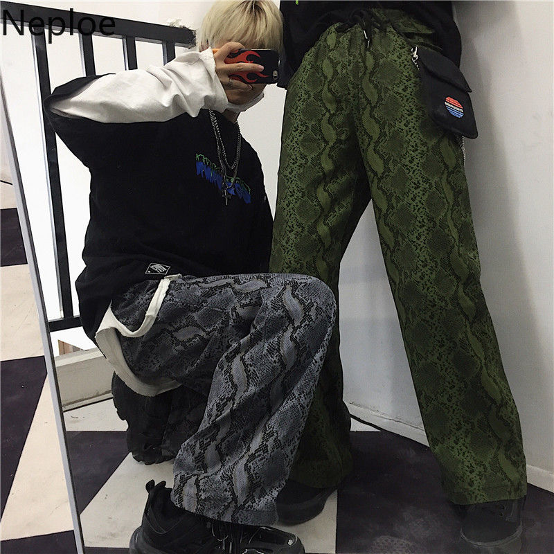 Neploe Autumn Vintage Pants Women Elastic Waist Harajuku Snake Print Trouse Female Man Streetwear BF Style Long Pant 38977 201012