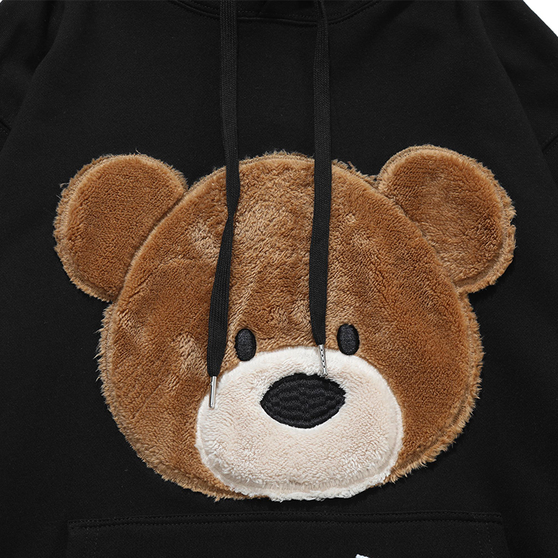 Aolamegs Hoodies Men Cartoon Furry Bear Letter Patch Harajuku Oversized Retro Hip Hop Hooded Pullover Men Sweatshirt Streetwear 201020
