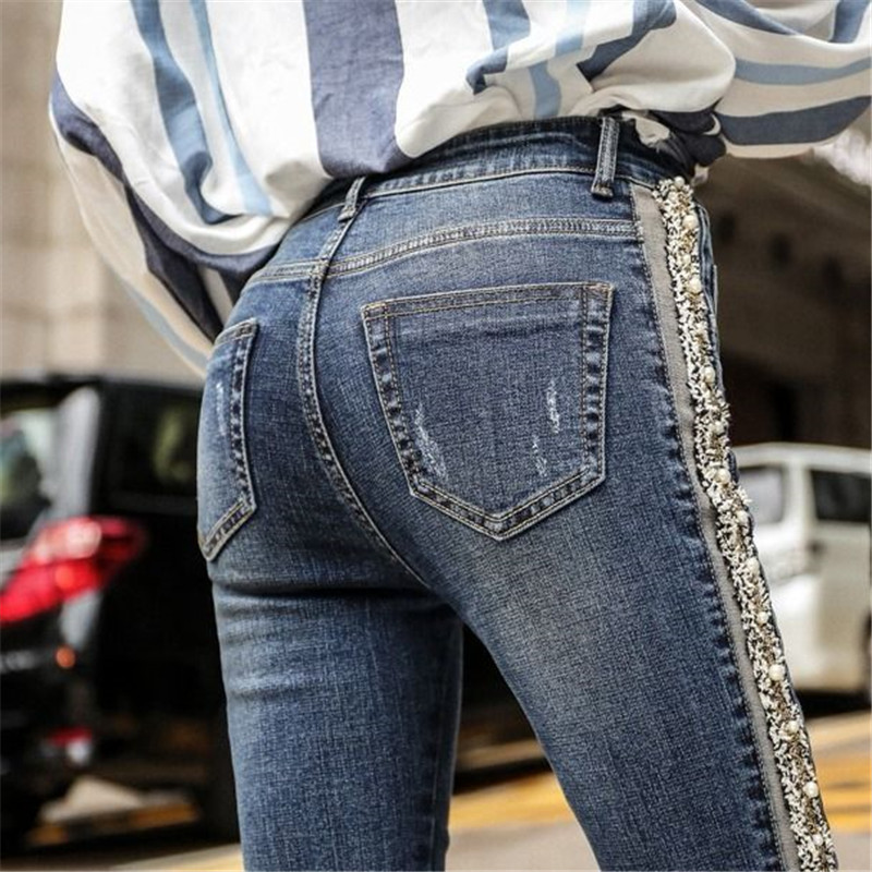 Plus Size Fringed Pearl Embroidered Flare Jeans Women Boot Cut Trousers Casual Stretch Skinny Bell Bottom Denim Pants Streetwear 210222